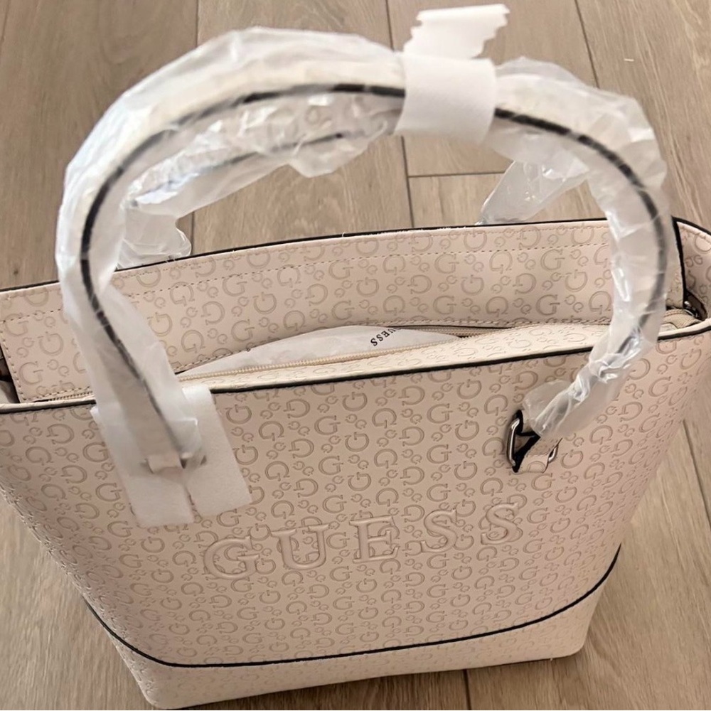 GUESS Cream Monogram Tote Bag with Top Handles